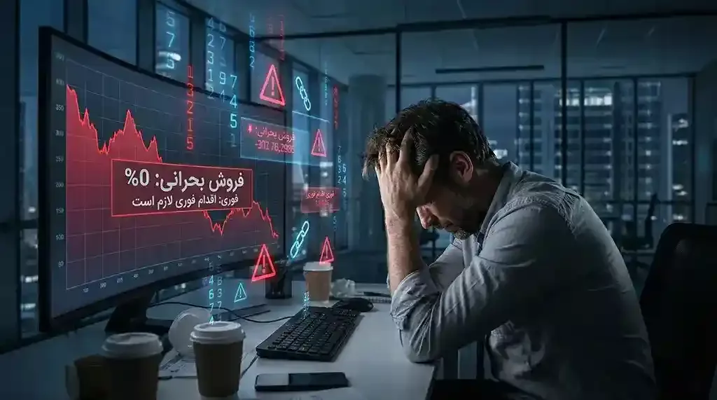نمودار نزولی فروش سایت و ناامیدی مدیر کسب‌وکار اینترنتی از عدم سودآوری.